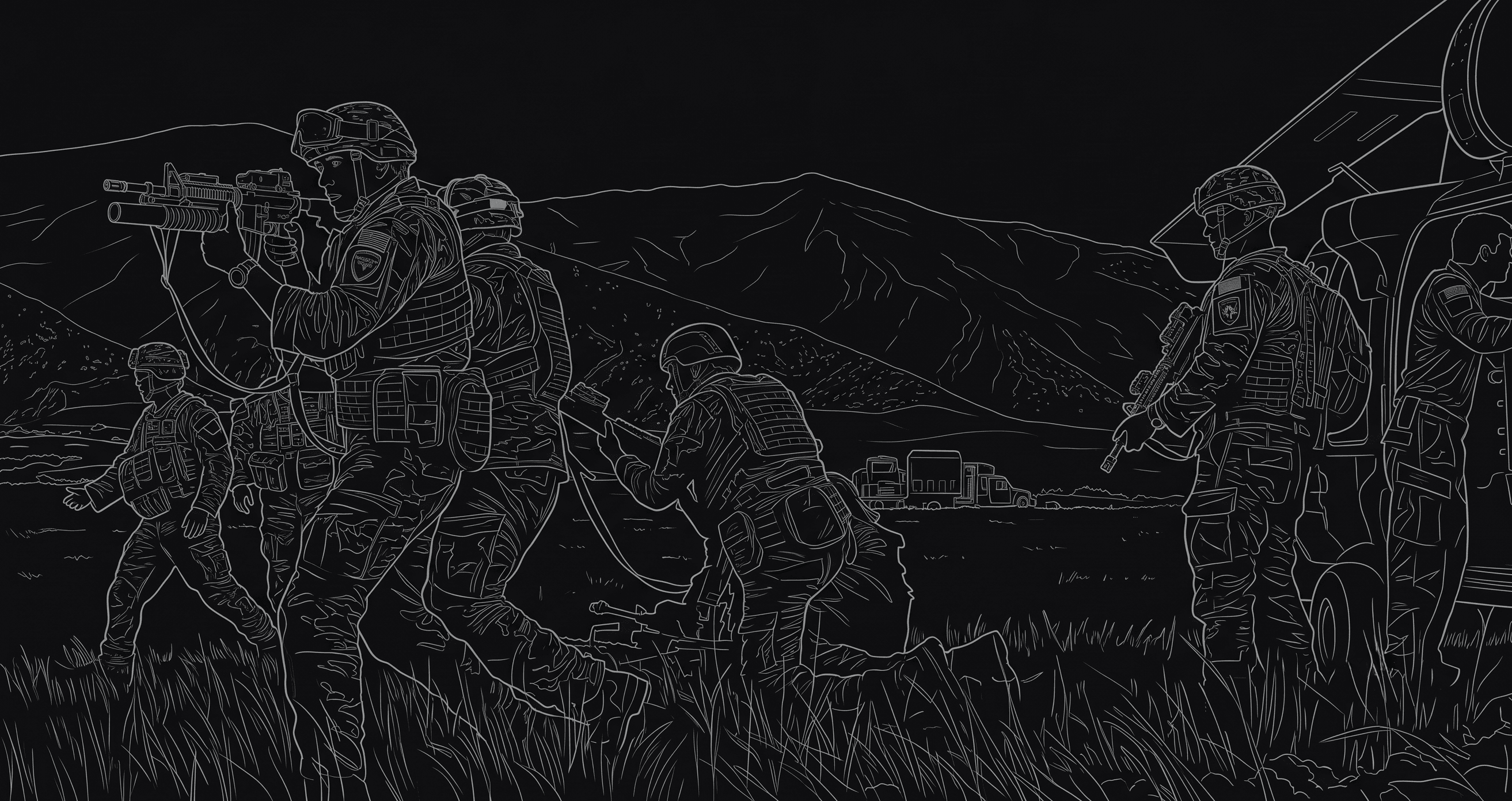 Line illustration of soldiers on patrol beside vehicles and a helicopter